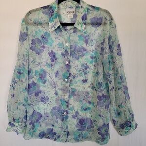 Vintage Floral Sheer Blouse Size M Purple Turquoise Fairycore